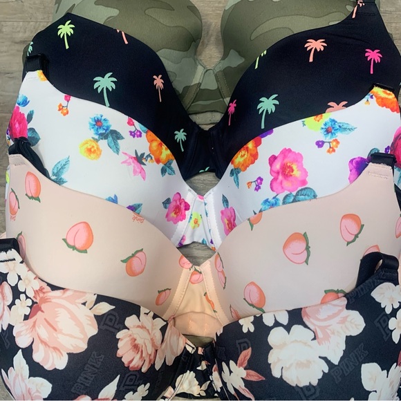 Victoria Secret PINK Bundle 5 Wear Everywhere T Shirt Lightly Lined Bras Prints - Picture 2 of 13